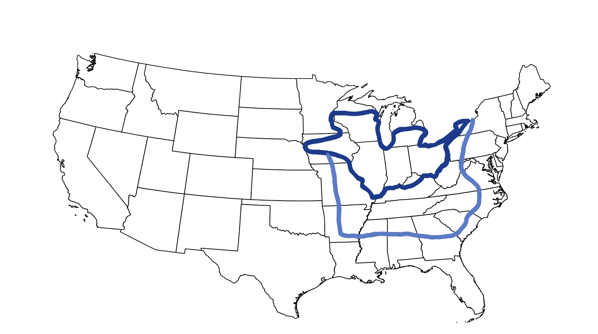 Map of the Regional Van and Regional Flatbed coverage area. A dark blue Heavy/Frequent loop covers Wisconsin, both Michigan peninsulas, Illinois, Indiana, and Ohio. A larger light blue Light/Occasional horseshoe extends south through Missouri, Kentucky, Tennessee, the Carolinas, Virginia, West Virginia, and back up through Pennsylvania and New York.